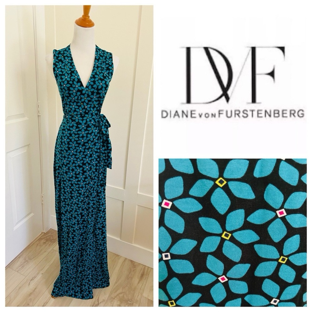 DVF Diane von Furstenberg Yahzi Teal Blue Floral Maxi Wrap Dress